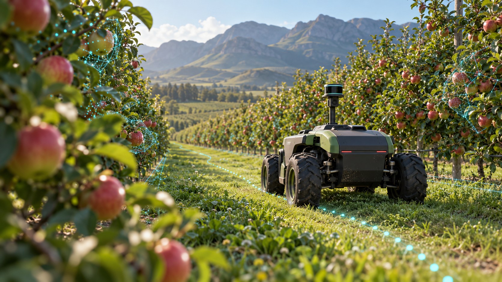 Concept illustration of a small unbranded autonomous tractor travelling between apple orchard rows, with subtle sensor scans and a digital navigation path